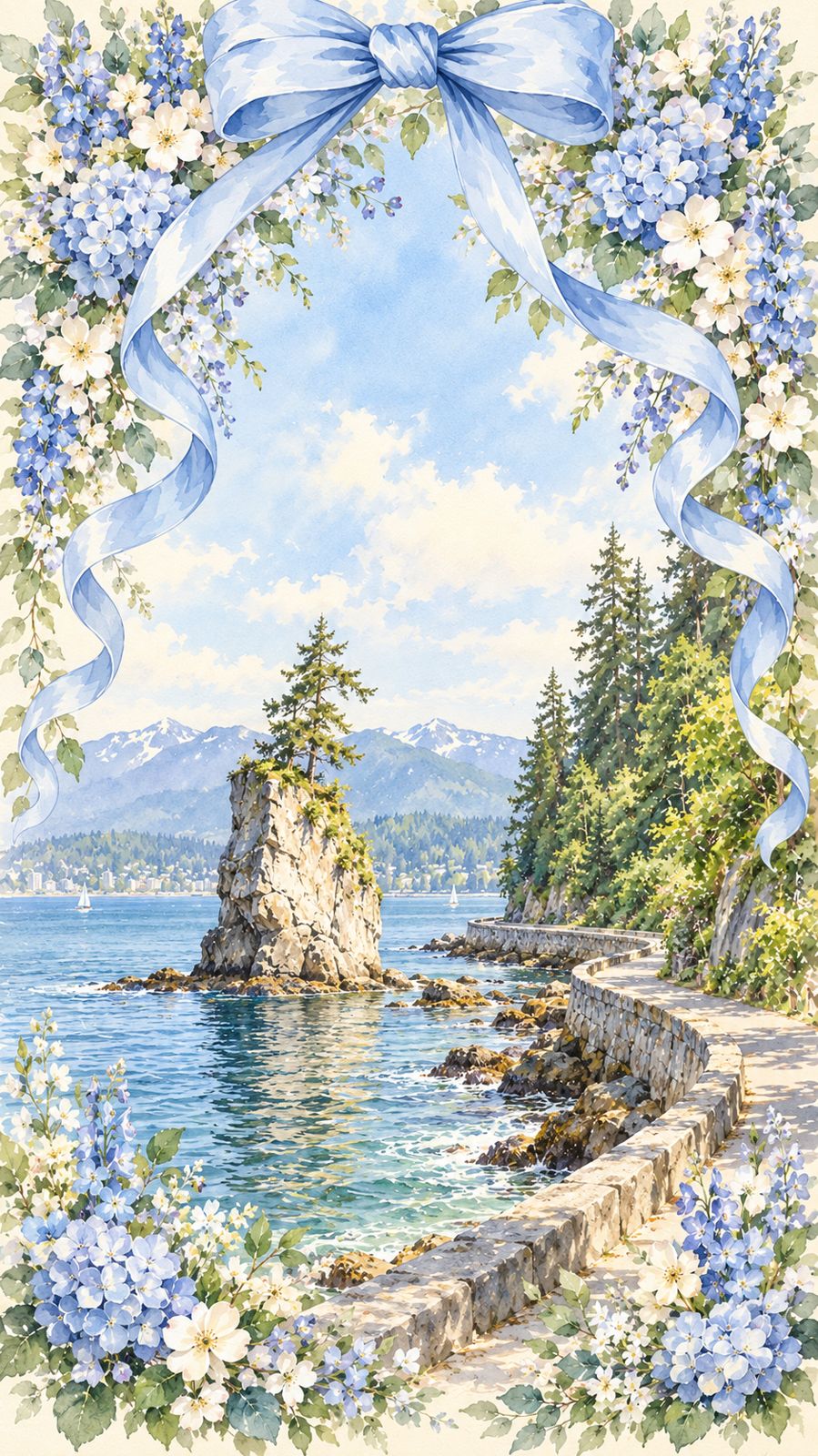 Watercolour of Siwash Rock and the Stanley Park seawall framed by blue hydrangeas